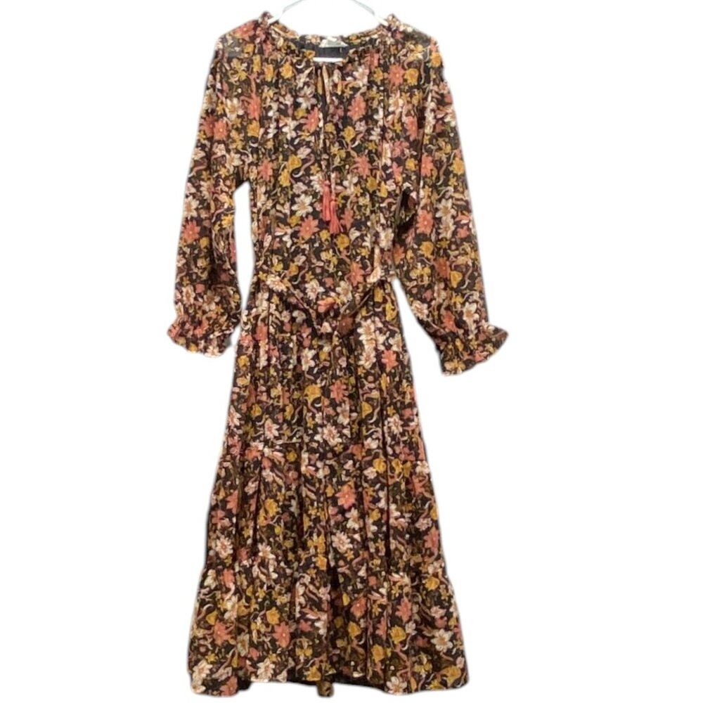 Violet Skies Vintage Boho Prairie Tiered Ruffle Maxi Dress Tie Neck M Floral
